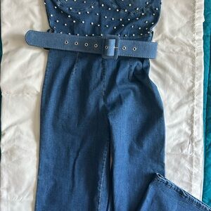 Blue Denim Jumpsuit with Belt and Pearl Accents